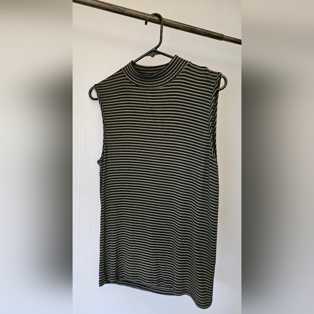 GAP Black and Olive Striped Sleeveless Mock Neck Tank Top